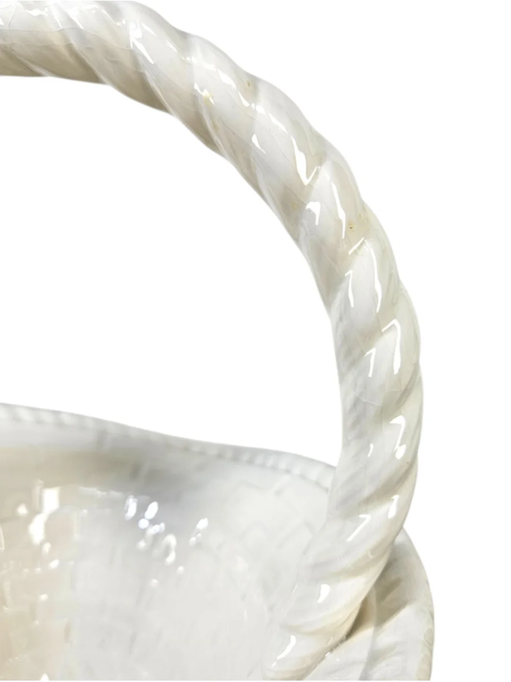 Vintage White Ceramic Basket Planter Vase Woven Handle Cottagecore Decor